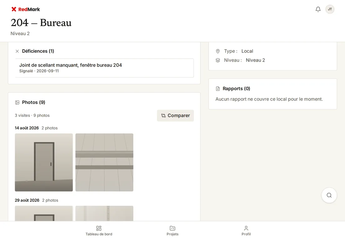 RedMark sur iPad : le local 204 d'un centre communautaire, sa déficience à traiter et ses photos, visite après visite.